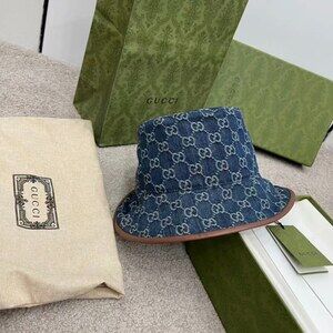 Gucci GG Denim Bucket Hat with Leather Trim